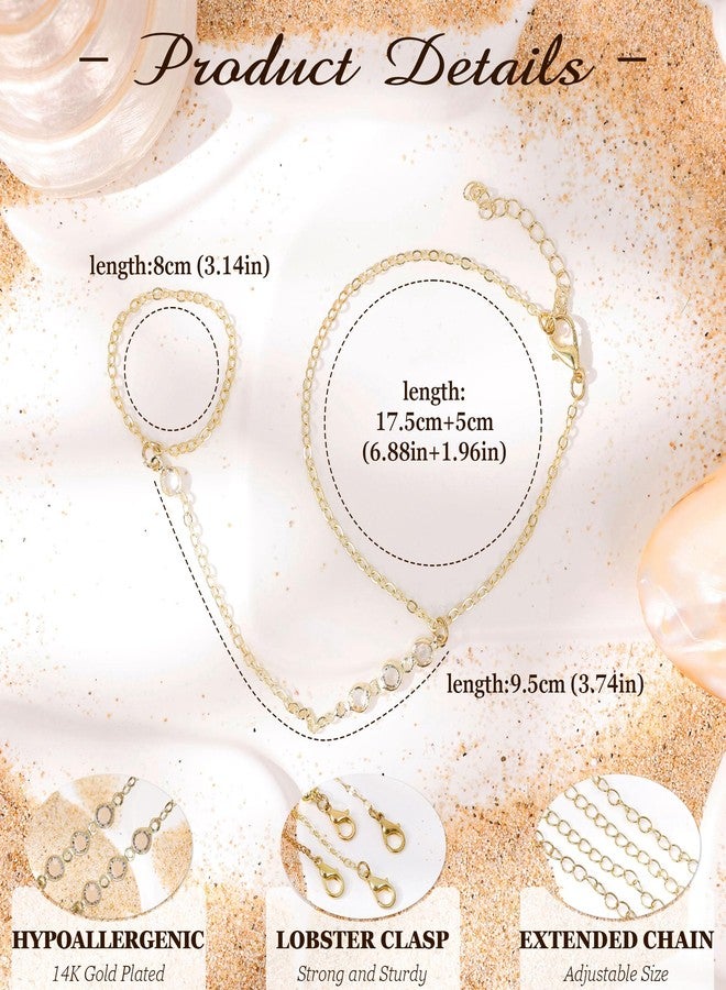 NICEIGHT 14K Gold Hand Chain Bracelet for Women Trendy Gold Plated Finger Ring Bracelet Adjustable Link Hand Chain Bracelets CZ Bead Link Bracelet Jewelry C - Image 3